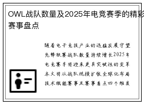 OWL战队数量及2025年电竞赛季的精彩赛事盘点